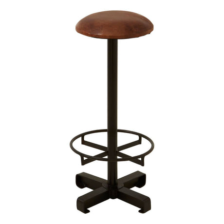 Buffalo brown leather round seat bar stool with a sleek, circular top and a sturdy black metal base featuring a footrest and a cross-shaped support