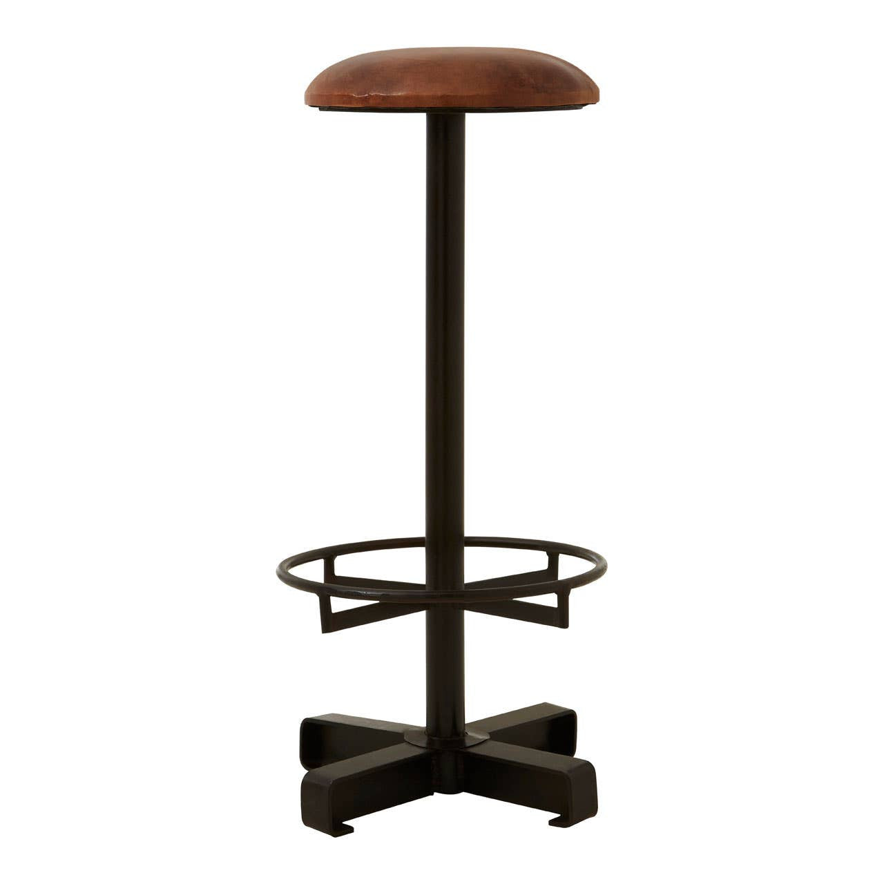 Buffalo brown leather round seat bar stool with a sleek, circular top and a sturdy black metal base featuring a footrest and a cross-shaped support structure