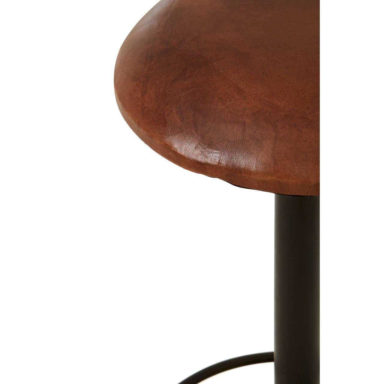 Buffalo brown leather round seat bar stool featuring a smooth, rounded seat and a sturdy black metal base with a footrest. The leather has a rich, warm tone and a slightly distressed texture, adding to its rustic charm