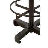 Round seat bar stool with a buffalo brown leather cushion, featuring a sturdy metal base with a circular footrest and four legs for stability. The design combines modern and rustic elements, suitable for various home decor styles