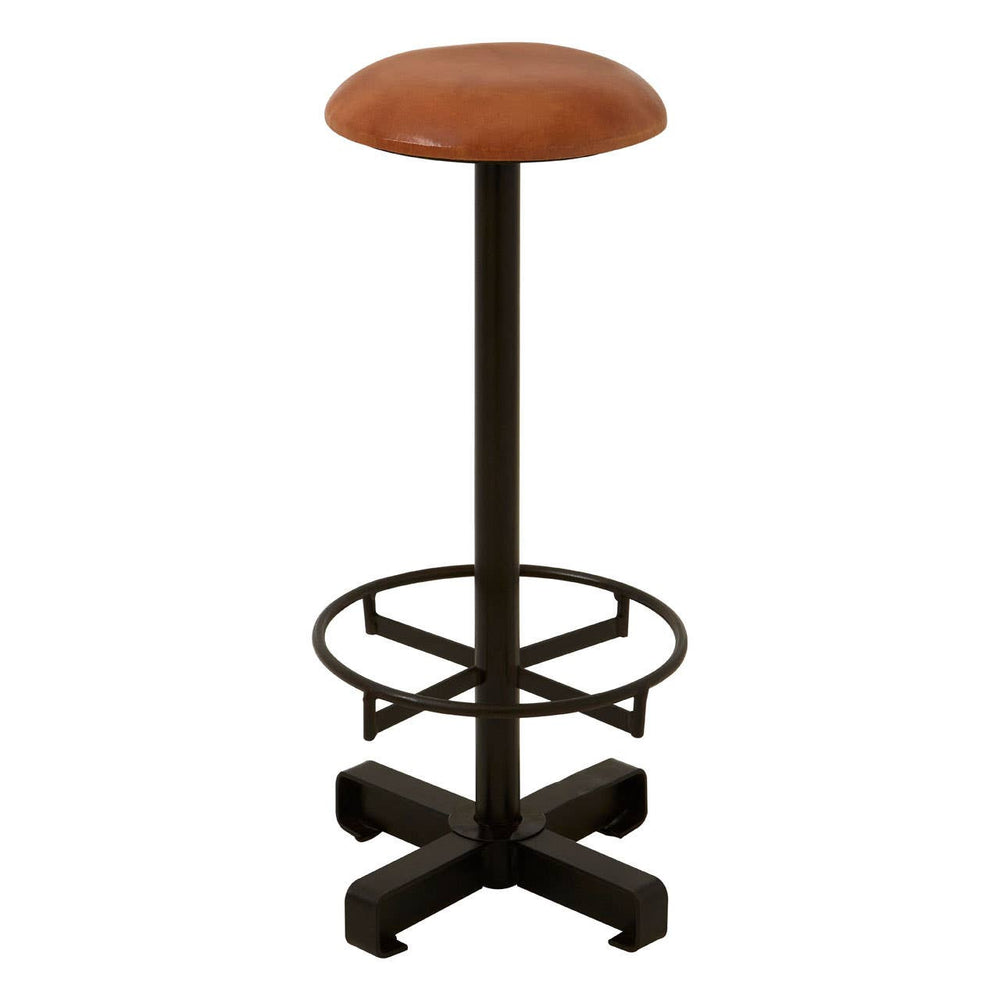 Light brown leather bar stool with a rounded seat, supported by a sleek black metal base featuring a circular footrest and a four-legged design