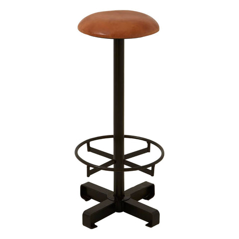 Light brown leather bar stool with a rounded seat, supported by a sleek black metal base featuring a circular footrest and a four-legged design