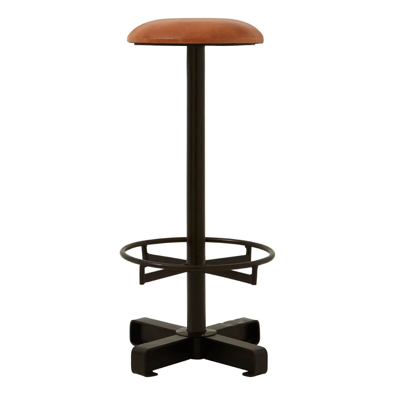 Buffalo light brown leather bar stool featuring a round seat, a sturdy metal base with a footrest, and a cross-shaped support structure