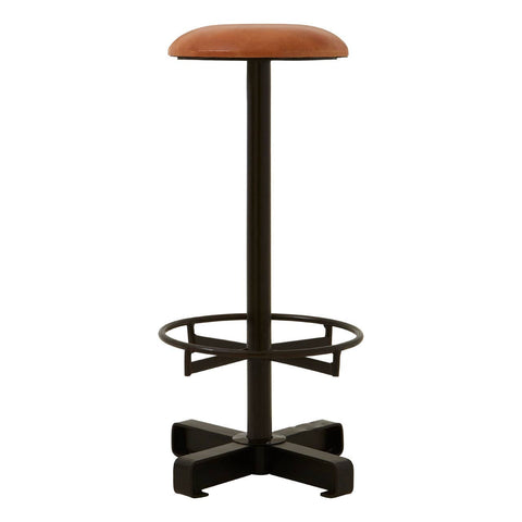 Buffalo light brown leather bar stool featuring a round seat, a sturdy metal base with a footrest, and a cross-shaped support structure