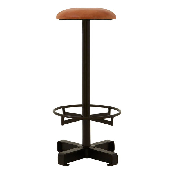 Buffalo light brown leather bar stool featuring a round seat, a sturdy metal base with a footrest, and a cross-shaped support structure
