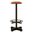 Buffalo light brown leather bar stool featuring a round seat, a sturdy metal base with a footrest, and a cross-shaped support structure