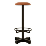 Buffalo light brown leather bar stool featuring a round seat, a sturdy metal base with a footrest, and a cross-shaped support structure