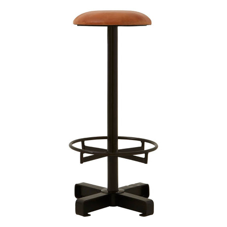 Buffalo light brown leather bar stool featuring a round seat, a sturdy metal base with a footrest, and a cross-shaped support structure