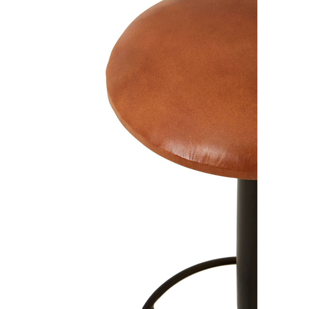 Light brown leather bar stool with a round seat and a sleek black metal base, showcasing a minimalist design