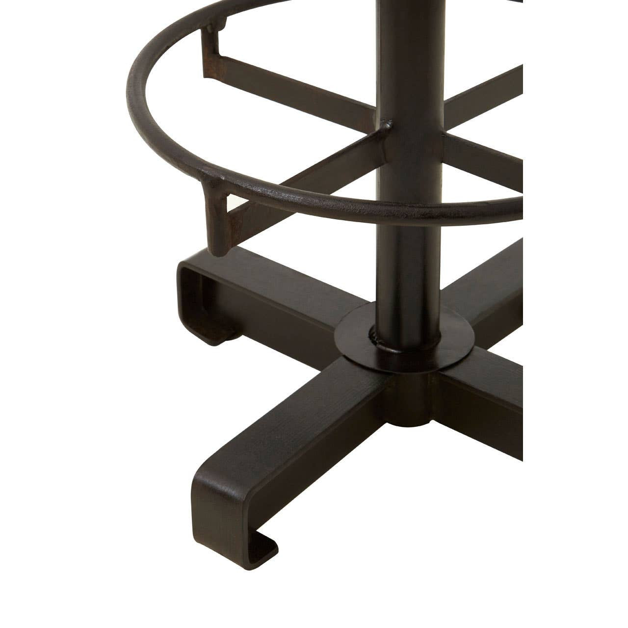 Light brown leather bar stool featuring a sleek, modern design with a circular footrest and a sturdy metal base. The base has a dark finish and a cross-shaped support structure, providing stability and style
