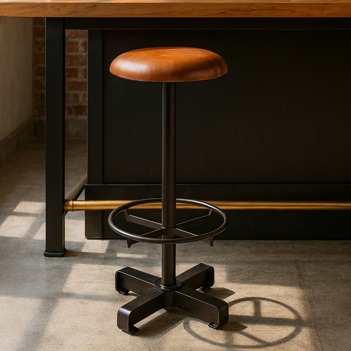Light brown leather bar stool with a round seat and a black metal base featuring a circular footrest and a star-shaped base, positioned on a light-colored floor near a wooden countertop