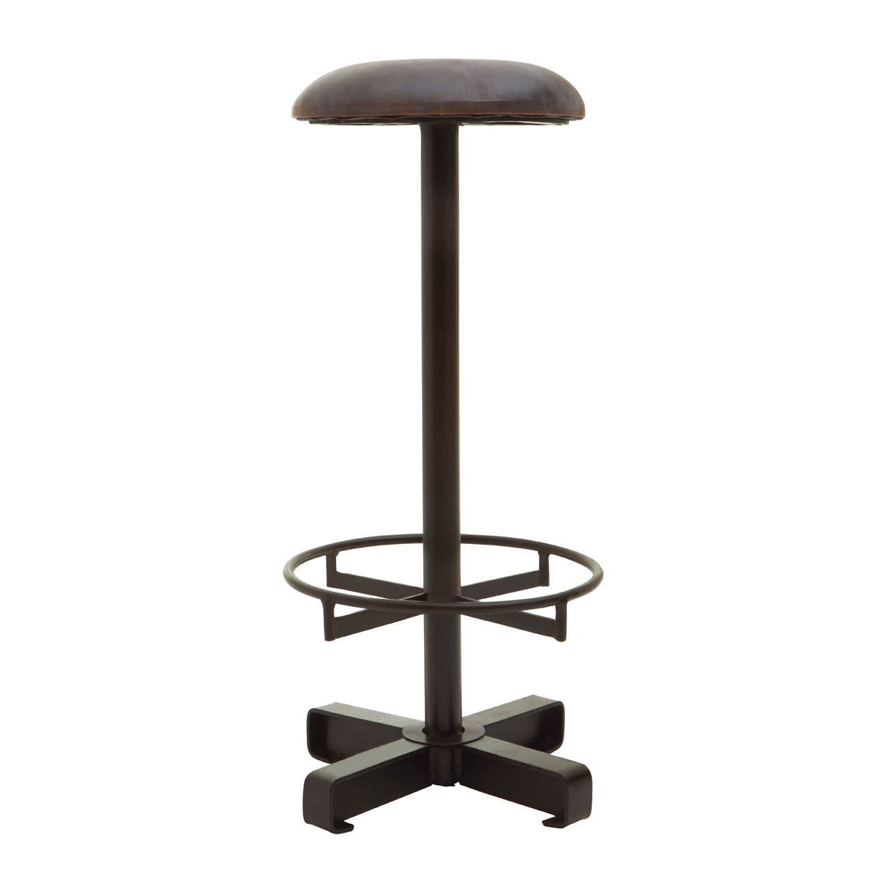 Buffalo Antique Blue Leather Bar Stool featuring a round, cushioned seat in antique blue leather, a sleek metal base with a footrest, and a sturdy cross-shaped base for stability