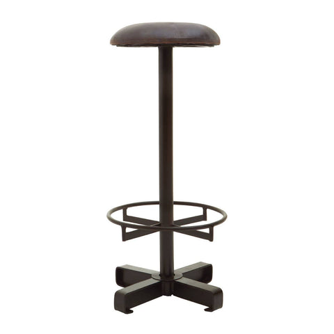 Buffalo Antique Blue Leather Bar Stool featuring a round, cushioned seat in antique blue leather, a sleek metal base with a footrest, and a sturdy cross-shaped base for stability