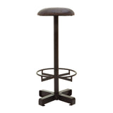 Buffalo Antique Blue Leather Bar Stool featuring a round, cushioned seat in antique blue leather, a sleek metal base with a footrest, and a sturdy cross-shaped base for stability