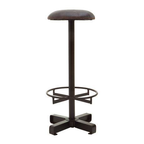 Buffalo Antique Blue Leather Bar Stool featuring a round, cushioned seat in antique blue leather, a sleek metal base with a footrest, and a sturdy cross-shaped base for stability