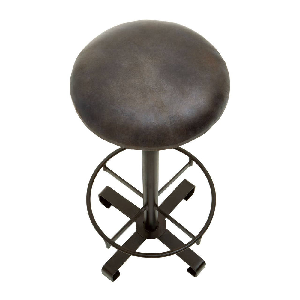 Antique blue leather bar stool with a round cushioned seat and a sturdy metal base featuring a cross design for stability