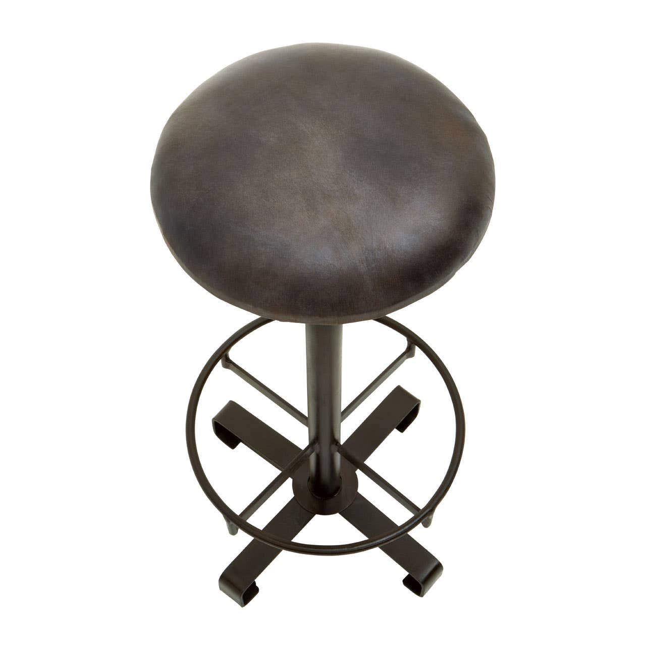 Antique blue leather bar stool with a round cushioned seat and a sturdy metal base featuring a cross design for stability