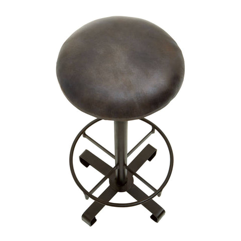 Antique blue leather bar stool with a round cushioned seat and a sturdy metal base featuring a cross design for stability
