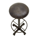 Antique blue leather bar stool with a round cushioned seat and a sturdy metal base featuring a cross design for stability