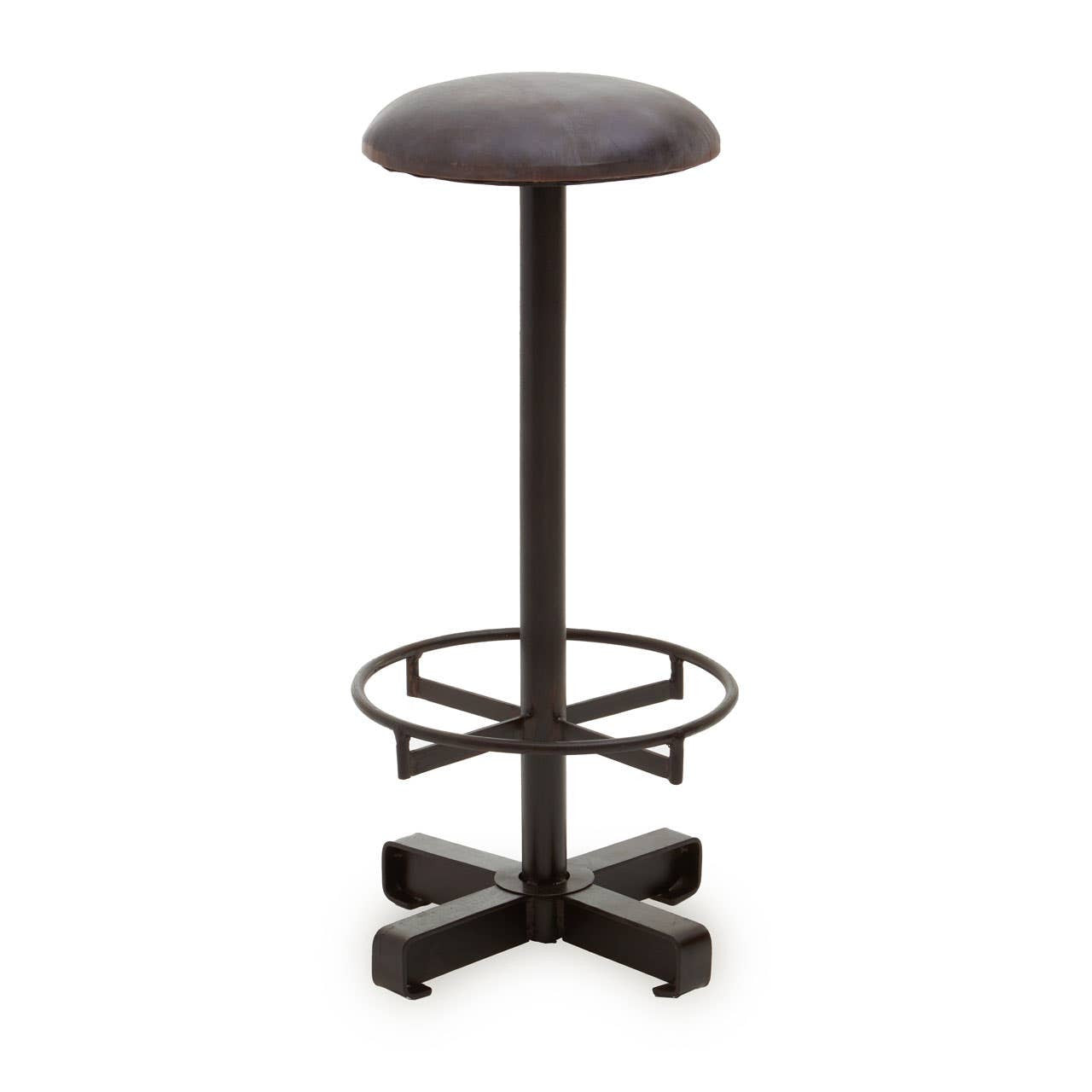Antique blue leather bar stool with a round seat, supported by a sleek black metal base featuring a circular footrest and a four-legged design
