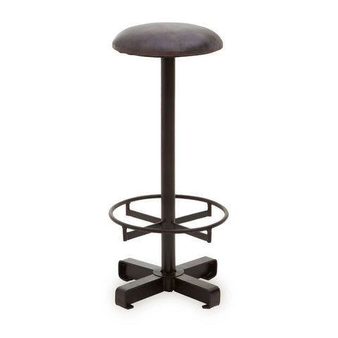 Antique blue leather bar stool with a round seat, supported by a sleek black metal base featuring a circular footrest and a four-legged design