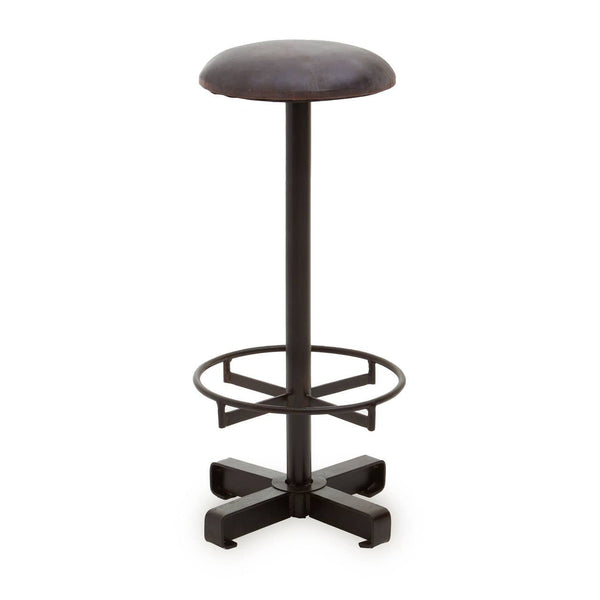 Antique blue leather bar stool with a round seat, supported by a sleek black metal base featuring a circular footrest and a four-legged design