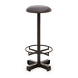 Antique blue leather bar stool with a round seat, supported by a sleek black metal base featuring a circular footrest and a four-legged design
