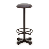 Antique blue leather bar stool with a round seat, supported by a sleek black metal base featuring a circular footrest and a four-legged design