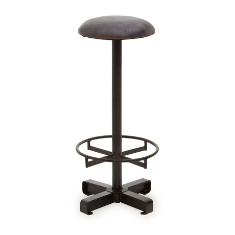 Antique blue leather bar stool with a round seat, supported by a sleek black metal base featuring a circular footrest and a four-legged design