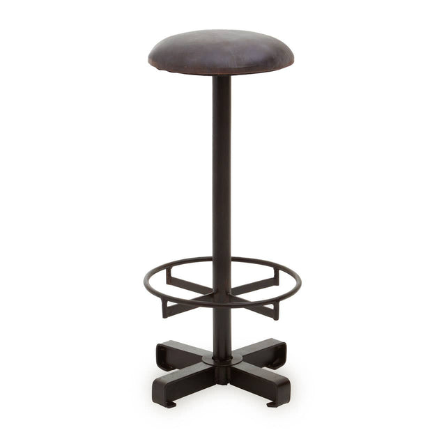 Antique blue leather bar stool with a round seat, supported by a sleek black metal base featuring a circular footrest and a four-legged design