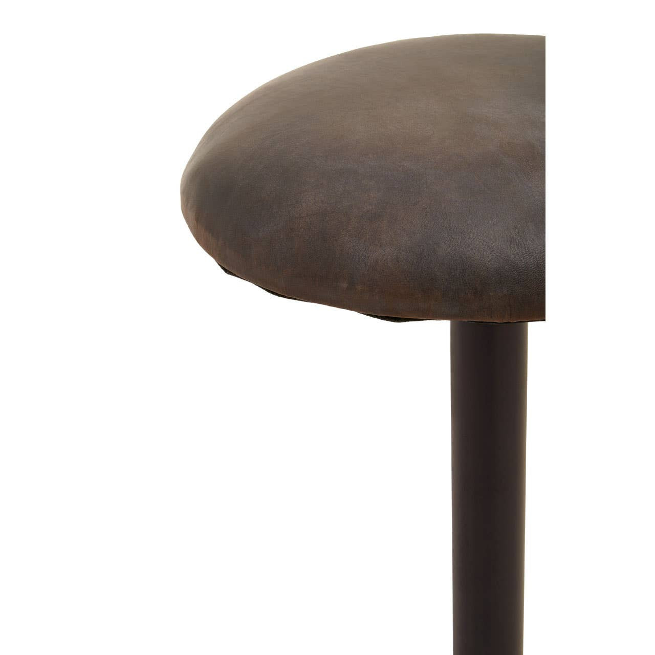 Antique blue leather bar stool with a rounded seat and a sleek, dark metal base, showcasing a rustic and vintage design