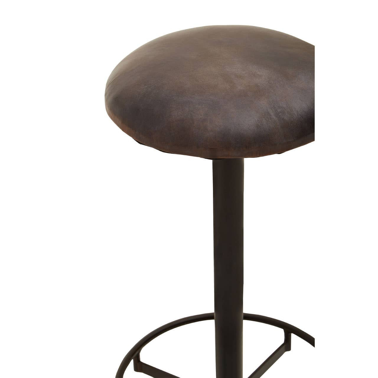 Antique blue leather bar stool with a round, cushioned seat and a sleek black metal base, featuring a circular footrest for added comfort