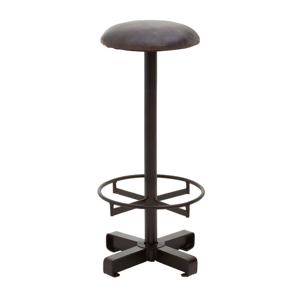 Antique blue leather bar stool with a round seat, a sleek metal base, and a footrest, featuring a sturdy cross-shaped base for stability