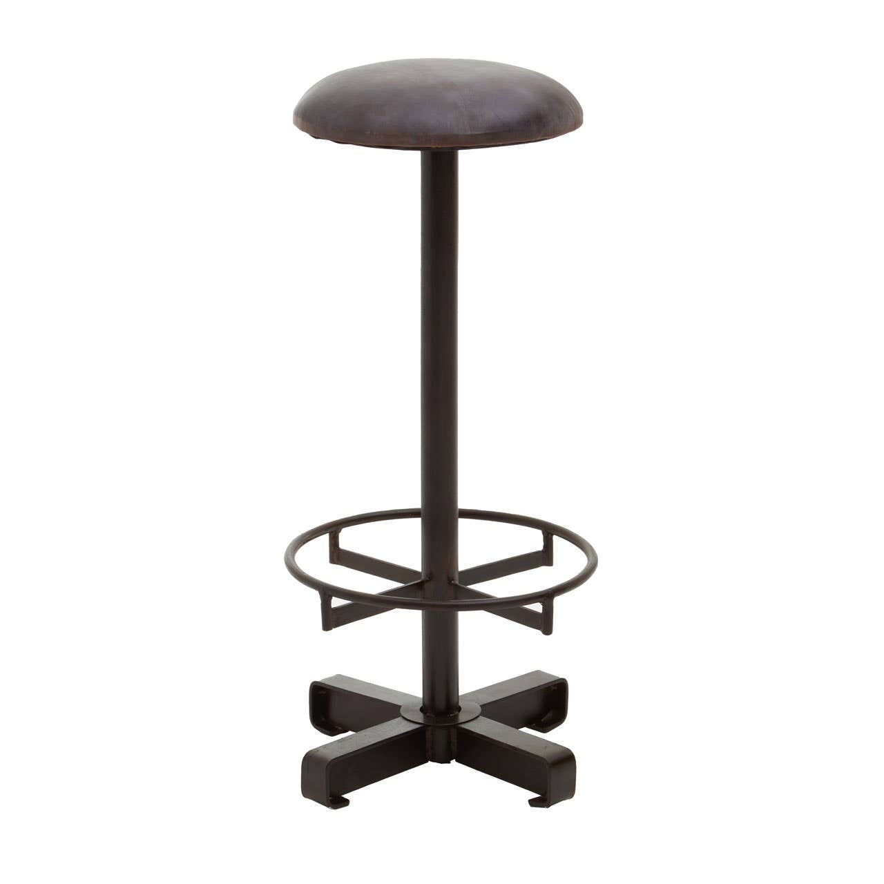 Antique blue leather bar stool with a round seat, a sleek metal base, and a footrest, featuring a sturdy cross-shaped base for stability