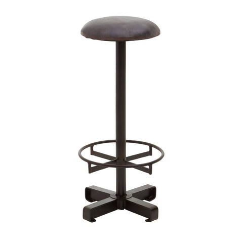 Antique blue leather bar stool with a round seat, a sleek metal base, and a footrest, featuring a sturdy cross-shaped base for stability