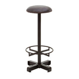 Antique blue leather bar stool with a round seat, a sleek metal base, and a footrest, featuring a sturdy cross-shaped base for stability