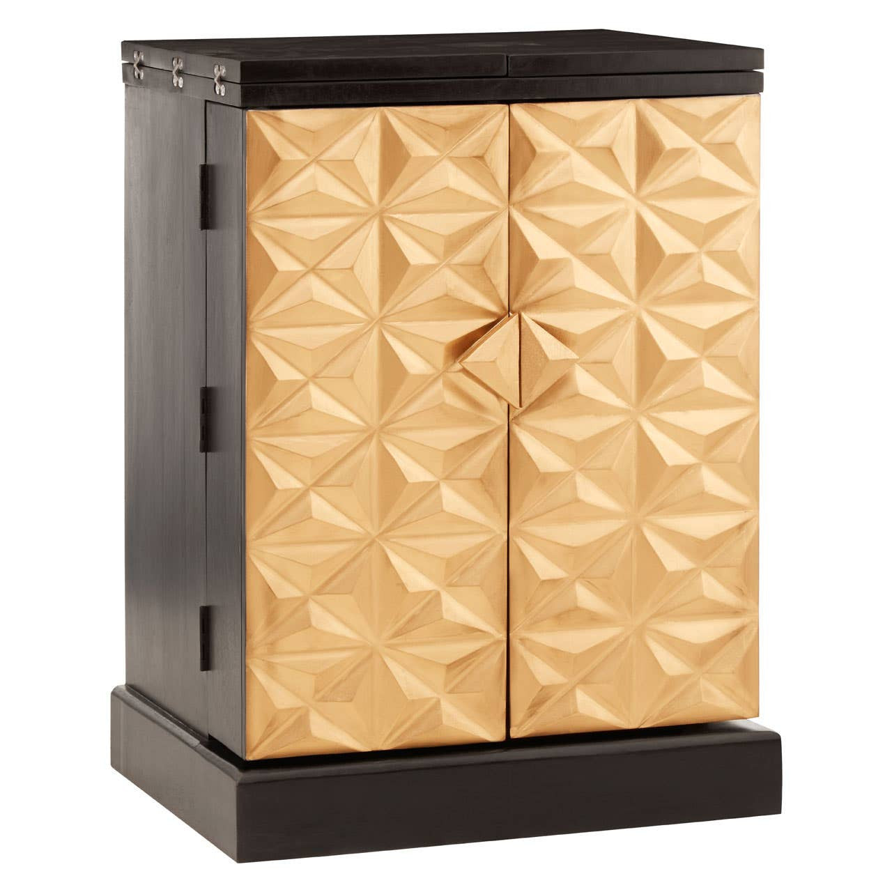 A bar cabinet featuring a geometric gold and black design, with textured gold doors and a sleek black base made of mango wood. The cabinet has a modern aesthetic, showcasing a diamond pattern on the front and a minimalist silhouette
