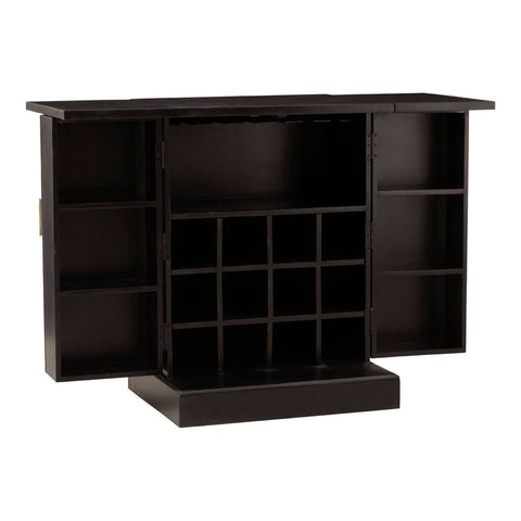 A bar cabinet featuring a sleek design in gold and black mango wood, with a flat top surface and multiple open shelves on either side. The center section includes a grid of wine bottle compartments, providing stylish storage for beverages and bar essentials. The cabinet stands on a sturdy base, showcasing a modern aesthetic suitable for home decor