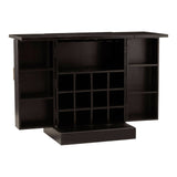 A bar cabinet featuring a sleek design in gold and black mango wood, with a flat top surface and multiple open shelves on either side. The center section includes a grid of wine bottle compartments, providing stylish storage for beverages and bar essentials. The cabinet stands on a sturdy base, showcasing a modern aesthetic suitable for home decor