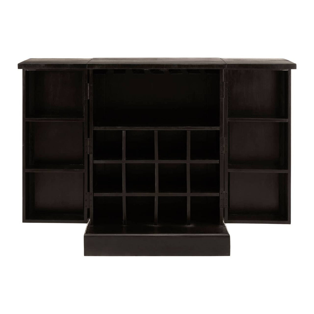A bar cabinet featuring a sleek design in gold and black mango wood, with a spacious top surface, open shelves on either side, and a central section containing wine bottle storage with multiple compartments. The cabinet has a modern aesthetic suitable for home decor