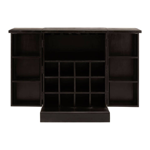 A bar cabinet featuring a sleek design in gold and black mango wood, with a spacious top surface, open shelves on either side, and a central section containing wine bottle storage with multiple compartments. The cabinet has a modern aesthetic suitable for home decor