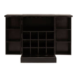 A bar cabinet featuring a sleek design in gold and black mango wood, with a spacious top surface, open shelves on either side, and a central section containing wine bottle storage with multiple compartments. The cabinet has a modern aesthetic suitable for home decor