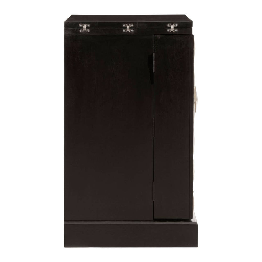 A sleek bar cabinet made from mango wood, featuring a rich black finish with gold accents. The cabinet has a minimalist design with a smooth front and decorative hardware at the top. It stands on a sturdy base, showcasing a modern yet elegant aesthetic suitable for home decor