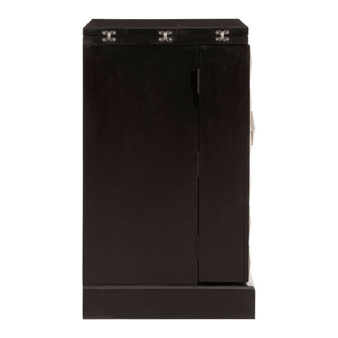 A sleek bar cabinet made from mango wood, featuring a rich black finish with gold accents. The cabinet has a minimalist design with a smooth front and decorative hardware at the top. It stands on a sturdy base, showcasing a modern yet elegant aesthetic suitable for home decor