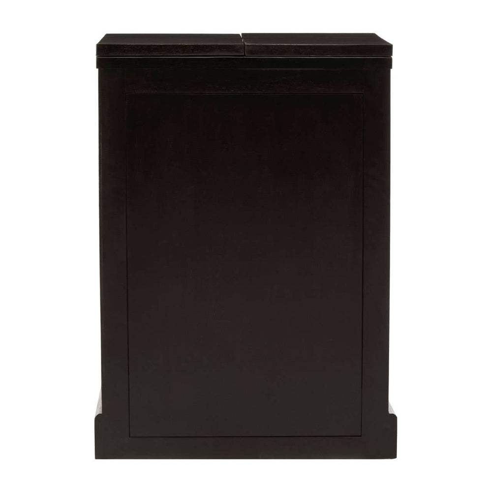 A sleek bar cabinet featuring a rich black finish with gold accents, made from mango wood. The cabinet has a minimalist design with clean lines and a flat front, providing a modern look suitable for various home decor styles