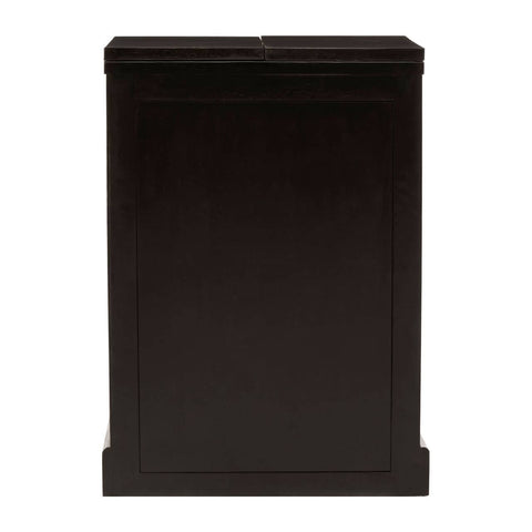 A sleek bar cabinet featuring a rich black finish with gold accents, made from mango wood. The cabinet has a minimalist design with clean lines and a flat front, providing a modern look suitable for various home decor styles