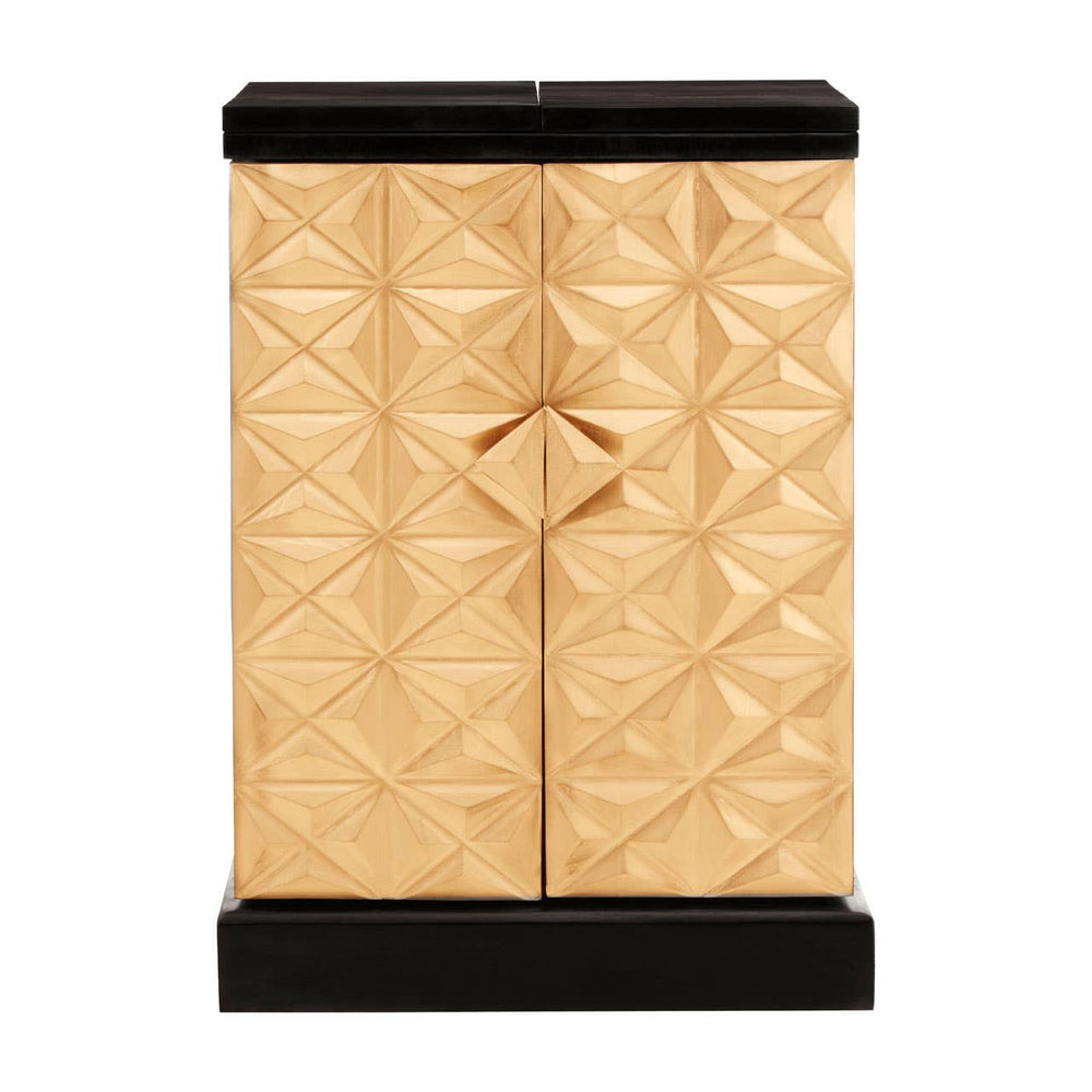 A bar cabinet featuring a gold mango wood finish with a textured diamond pattern on the doors, complemented by a sleek black base and top. The cabinet has a central diamond-shaped handle for easy access