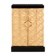 A bar cabinet featuring a gold mango wood finish with a textured diamond pattern on the doors, complemented by a sleek black base and top. The cabinet has a central diamond-shaped handle for easy access