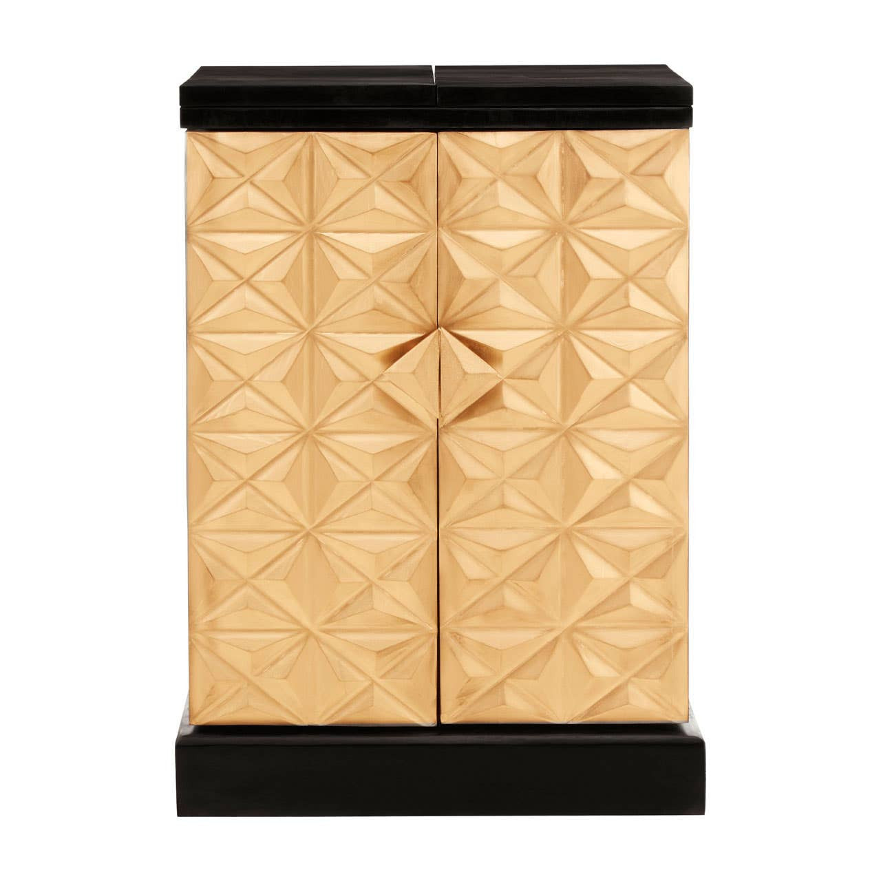 A bar cabinet featuring a gold mango wood finish with a textured diamond pattern on the doors, complemented by a sleek black base and top. The cabinet has a central diamond-shaped handle for easy access