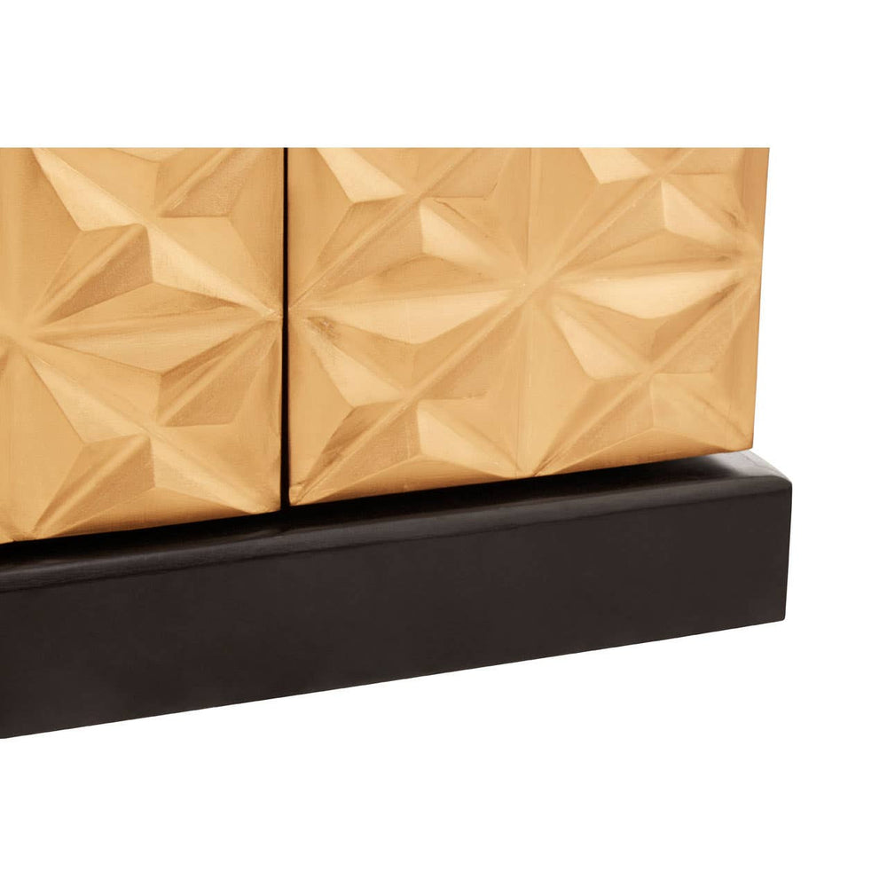 The bar cabinet features a textured gold front with a geometric pattern, complemented by a sleek black mango wood base. The design showcases a modern aesthetic, blending elegance with functionality